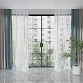 Gray And Teal Layered Curtains With Sheer Panels For Living Room Window And Indoor Plant