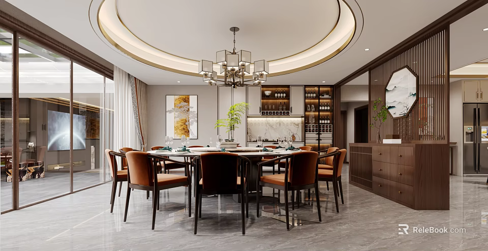 Elegant Modern Restaurant Interior With Round Dining Table Brown Leather Chairs And Circular Chandelier 3d model