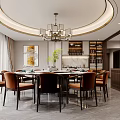 Elegant Modern Restaurant Interior With Round Dining Table Brown Leather Chairs And Circular Chandelier 3d model