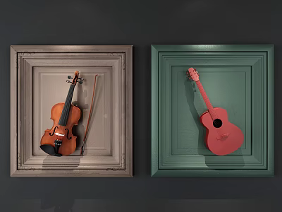 Stylish Wall Decor With Beige Frame Violin And Green Frame Guitar 3d model