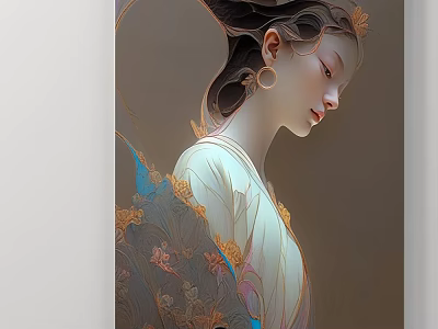 Classical Figure Painting of Elegant Woman in Traditional Robe with Floral Patterns and Gold Earrings 3d model