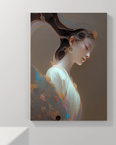 Classical Figure Painting of Elegant Woman in Traditional Robe with Floral Patterns and Gold Earrings 3d model