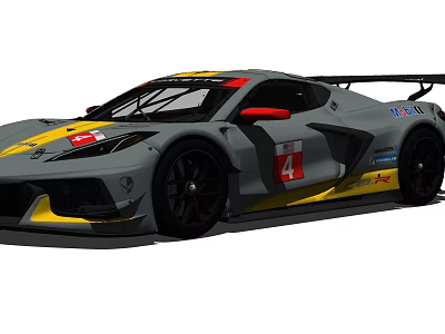 Gray Race Car With Yellow Red Accents Number 4 And Aerodynamic Rear Wing 3d model