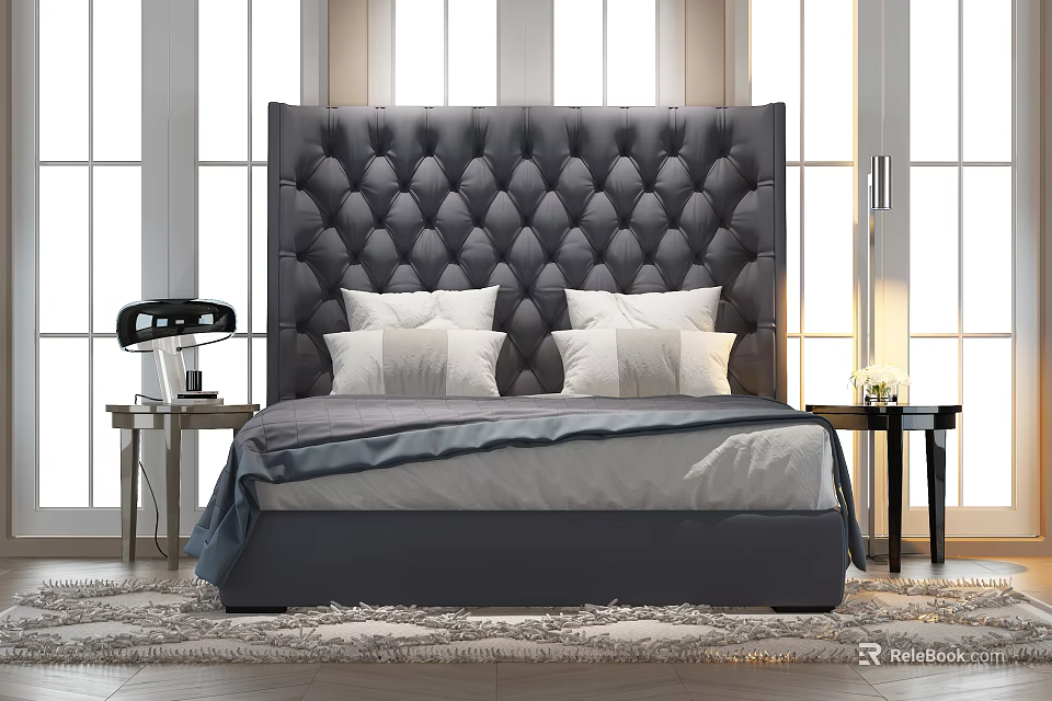 Modern Double Bed With Tufted Leather Headboard Gray Bedding White Pillows And Bedside Lamps 3d model 