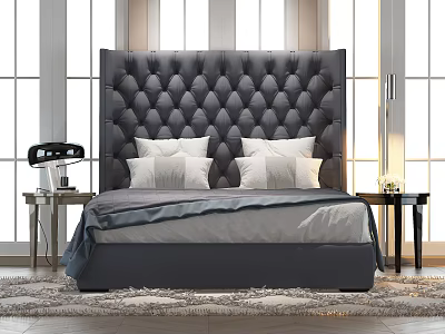 Modern Double Bed With Tufted Leather Headboard Gray Bedding White Pillows And Bedside Lamps 3d model
