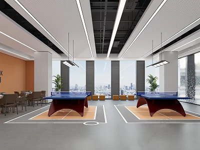 Modern Recreational Space With Ping Pong Tables Plants And City View 3d model