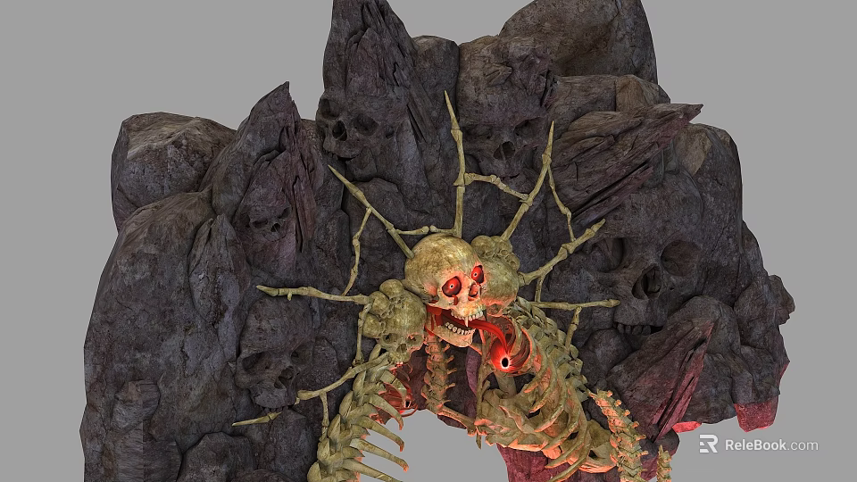 Spooky Skeleton With Glowing Red Eyes And Bones In Rocky Cave Background 3d model 