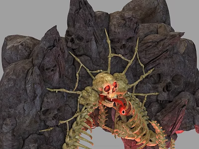 Spooky Skeleton With Glowing Red Eyes And Bones In Rocky Cave Background 3d model