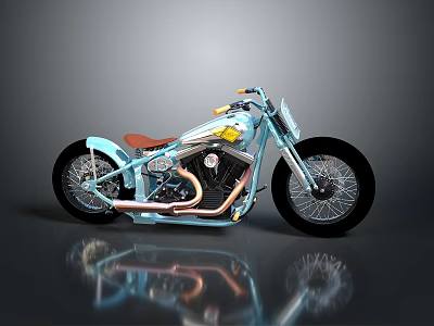 Light Blue Custom Motorcycle With Brown Seat Copper Exhaust Chrome Details And Black Wheels 3d model