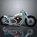 Light Blue Custom Motorcycle With Brown Seat Copper Exhaust Chrome Details And Black Wheels