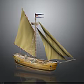 Detailed Wooden Sailing Boat Model With Yellow Sails And A Flag