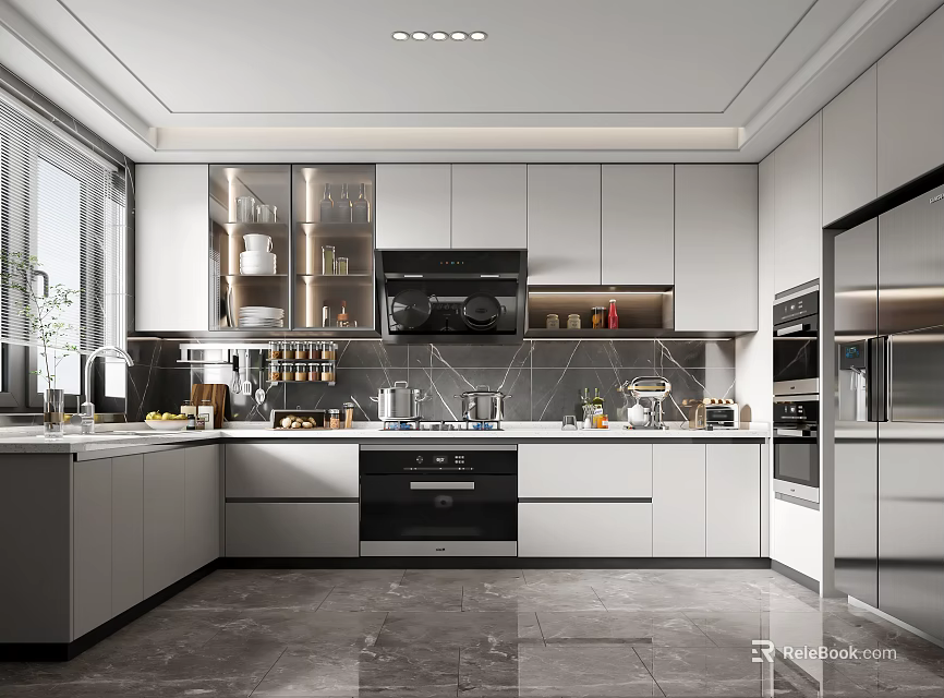 Modern Kitchen Interior Design With White Cabinets Stainless Steel Appliances And Countertop 3d model 