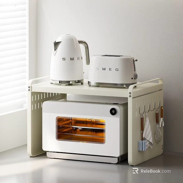 White Kitchen Cabinet With Smeg Kettle Toaster Oven Shelf And Hanging Utensils 3d model 