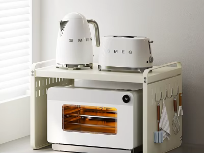 White Kitchen Cabinet With Smeg Kettle Toaster Oven Shelf And Hanging Utensils 3d model
