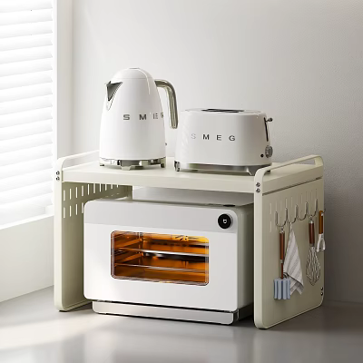 White Kitchen Cabinet With Smeg Kettle Toaster Oven Shelf And Hanging Utensils 3d model