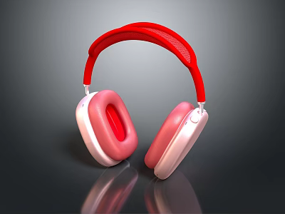 Stylish Modern Design Red Headband Pink Ear Cups Headphones On Reflective Surface 3d model