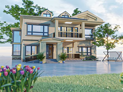 Modern Two Story Detached Villa With Large Windows Lawn Flower Beds And Trees 3d model