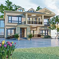 Modern Two Story Detached Villa With Large Windows Lawn Flower Beds And Trees