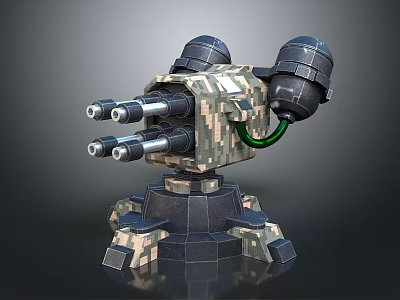 Camouflage Automatic Weapon With Multiple Barrels Black Base And Support Structure 3d model