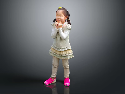 Little Girl With Pigtails Yellow Hairpin White Top Ruffled Skirt Pink Shoes 3d model
