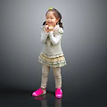 Little Girl With Pigtails Yellow Hairpin White Top Ruffled Skirt Pink Shoes