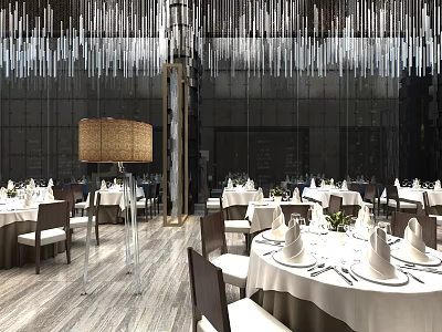Elegant Modern Banquet Hall With White Tablecloths Dining Tables Hanging Chandeliers And Wooden Flooring 3d model