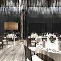 Elegant Modern Banquet Hall With White Tablecloths Dining Tables Hanging Chandeliers And Wooden Flooring