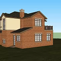 Two Story Red Brick Detached House With Garage And White Car In Front Yard