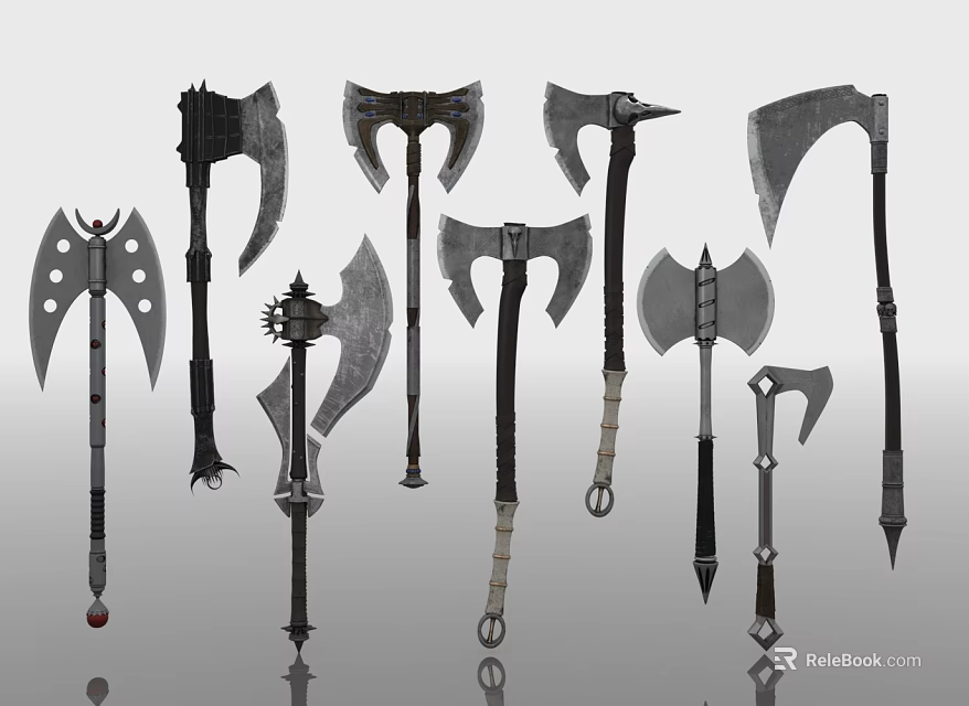 Various Battle Axes With Unique Blade And Handle Designs 3d model 