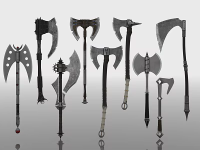 Various Battle Axes With Unique Blade And Handle Designs 3d model