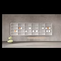 White Open Kitchen Cabinets with Shelves and Containers on Gray Wall Wooden Floor