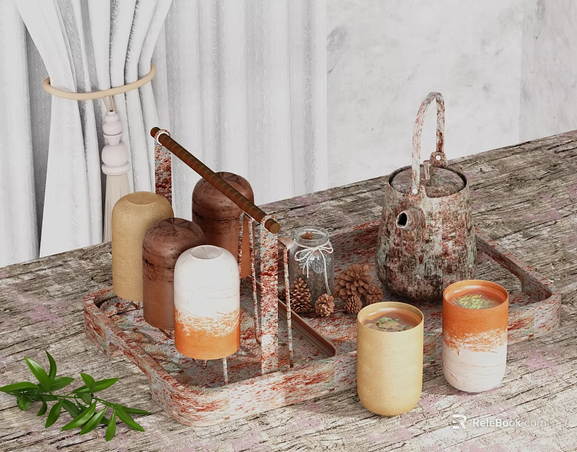 Rustic Cozy Candle Cups With Brown Orange Gradient On Wooden Tray And Pine Cones 3d model 