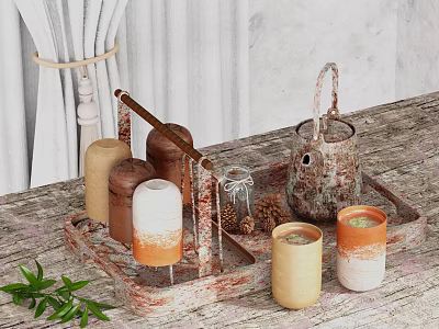 Rustic Cozy Candle Cups With Brown Orange Gradient On Wooden Tray And Pine Cones 3d model