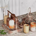 Rustic Cozy Candle Cups With Brown Orange Gradient On Wooden Tray And Pine Cones