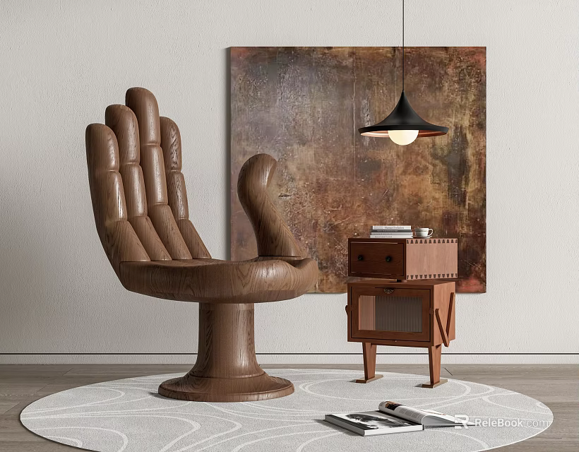 Unique Brown Sculptural Chair with Side Table Books Abstract Painting Pendant Lamp and Round Rug 3d model 