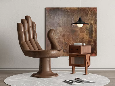 Unique Brown Sculptural Chair with Side Table Books Abstract Painting Pendant Lamp and Round Rug 3d model