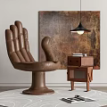 Unique Brown Sculptural Chair with Side Table Books Abstract Painting Pendant Lamp and Round Rug