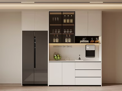 Modern Wine Cabinet Featuring Glass Door White Cabinets Wine Bottles Coffee Machine And Fruits 3d model