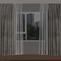 Beige Curtains With Sheer Layer By Window Showing Tall Buildings And Green Trees