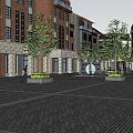 Modern Commercial Street With Buildings Greenery Shop Fronts And Pedestrian Areas