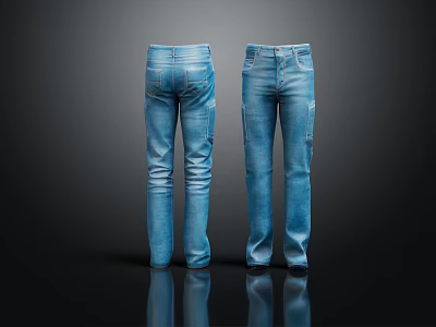 Blue Denim Straight Leg Jeans Classic Design Front And Back View Casual Wear 3d model