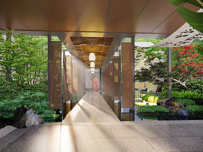 Sunlit Wooden Pergola With Stone Pathway Lush Greenery And Water Features 3d model