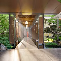 Sunlit Wooden Pergola With Stone Pathway Lush Greenery And Water Features