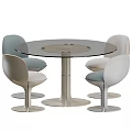 Modern Round Glass Top Table Chair Set With Light Gray Beige Chairs And Metal Base