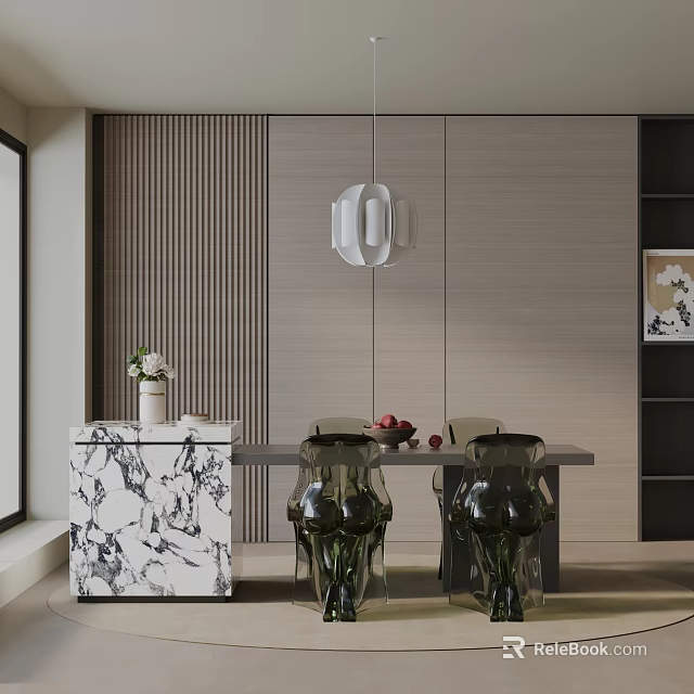 Modern Dining Table Set With Transparent Chairs Marble Sideboard Pendant Light And Vertical Striped Wall 3d model 