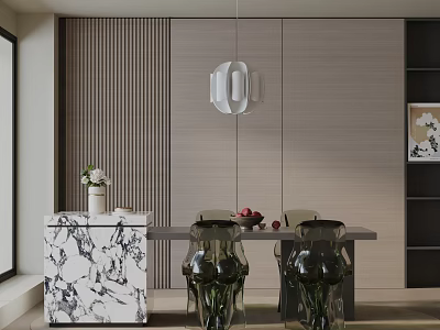 Modern Dining Table Set With Transparent Chairs Marble Sideboard Pendant Light And Vertical Striped Wall 3d model