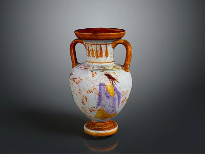 Traditional Two Handle Sculpted Vase With Carved Figure Patterns And White Orange Body 3d model