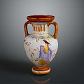 Traditional Two Handle Sculpted Vase With Carved Figure Patterns And White Orange Body