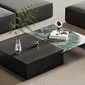 Modern Living Room Coffee Table With Wooden Base Marble Top Green Plant And Glass Vase