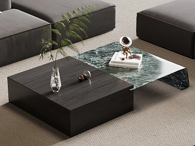 Modern Living Room Coffee Table With Wooden Base Marble Top Green Plant And Glass Vase 3d model